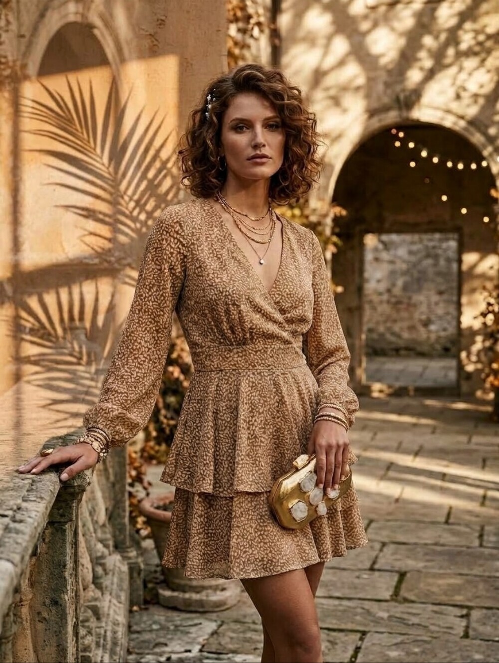 Japna Neutral Leopard Metallic Shimmer Dress Medium Tiered Ruffle Smocked Boho